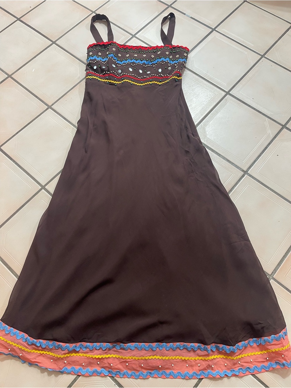 Vtg Michelle Antonelli Dress Beaded Strap/less Slip Boho Women 12 Silk Whimsical